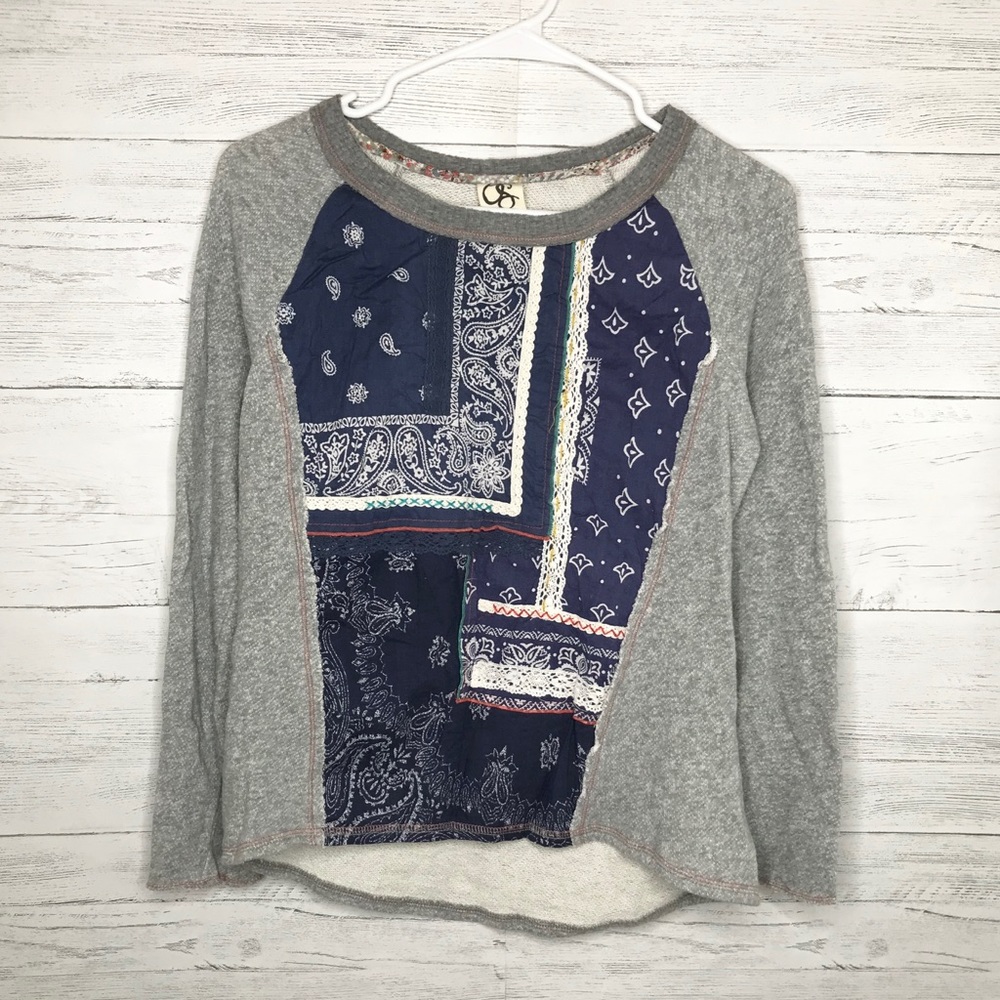 One September Gray Blue Patchwork Aztec Sweater